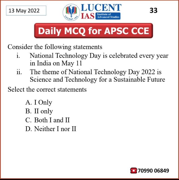 Daily MCQ for APSC Prelims _Lucent_IAS_13_May_2022