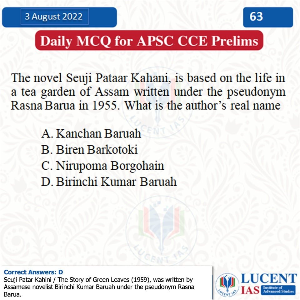 Download: Today's Assam Tribune Analysis & Current Affairs | Lucent IAS: Best APSC Coaching in Guwahati 13 Sample MCQ for APSC Prelims_Lucent IAS_The Best APSC Coaching in Guwahati_3 August_2022