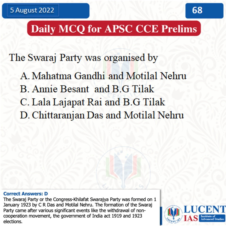 MCQ for APSC CCE 2022 Compiled by Lucent IAS_The Best APSC Coaching in Guwahati_5 August_2022