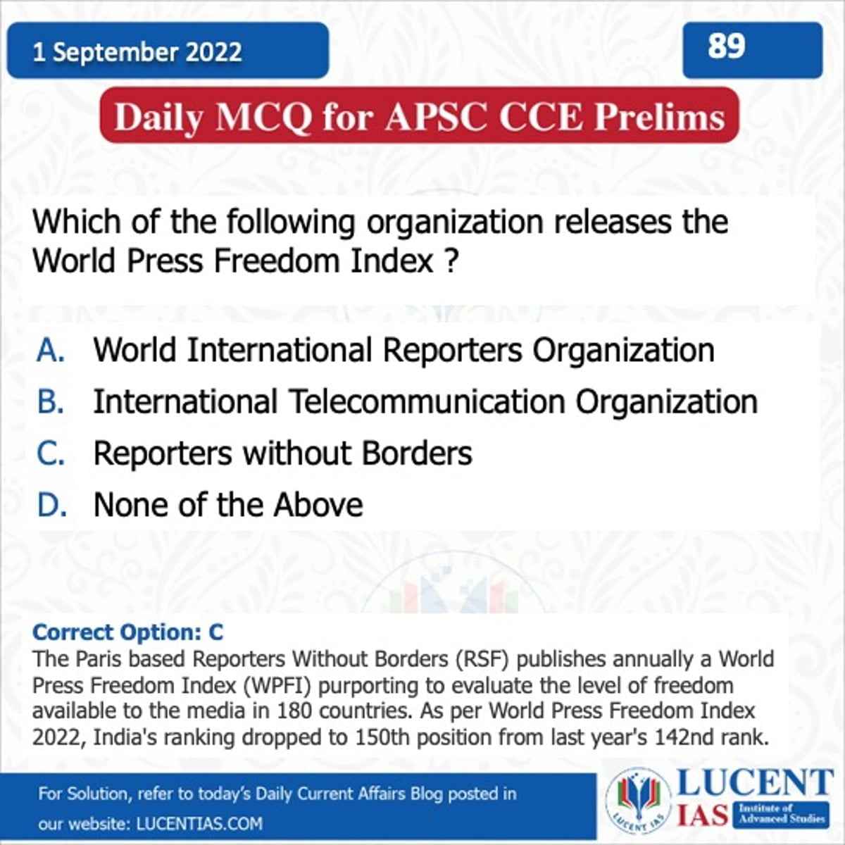 APSC Current Affairs | Lucent IAS: The Best APSC Coaching Institute in Assam 10 MCQ for APSC Prelims 2022 Compiled by Lucent IAS: Best APSC Coaching Institute in Assam_1 September_202