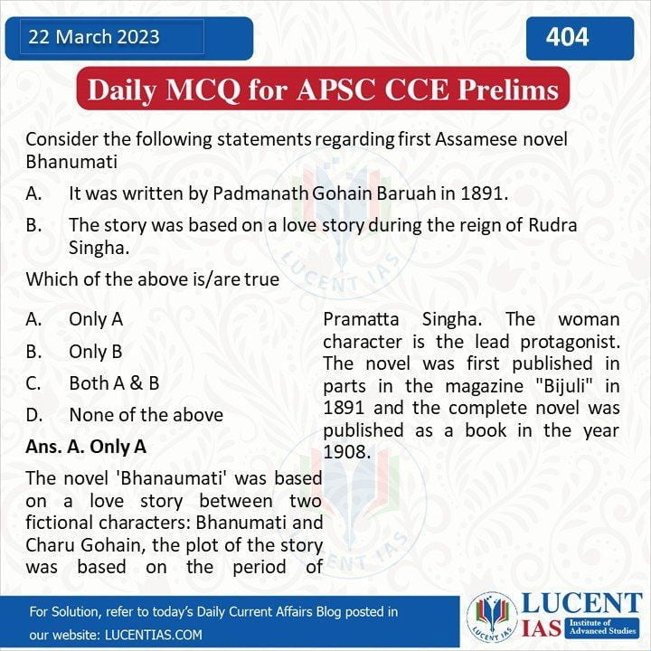 [Download Daily Current Affairs Analysis 22 March 2023 By Lucent IAS: Most Affordable APSC/UPSC Coaching Institute In Guwahati 7 MCQ_for_APSC_UPSC_Prelims_Compiled_by_Lucent_IAS:_Most_Affordable_APSC_UPSC_Coaching_Institute_In_Guwahati_22_March_2023